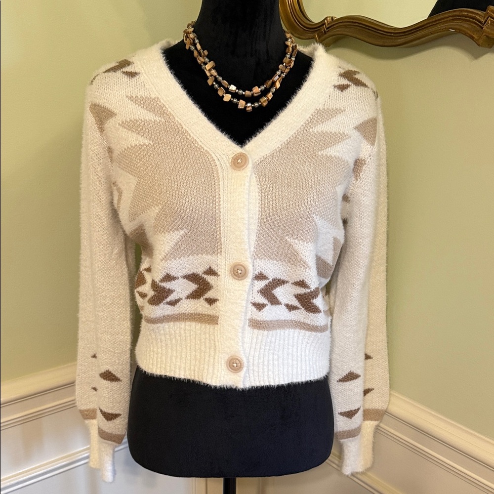 Jessica Simpson Cream & Brown Geometric Cardigan Size Small